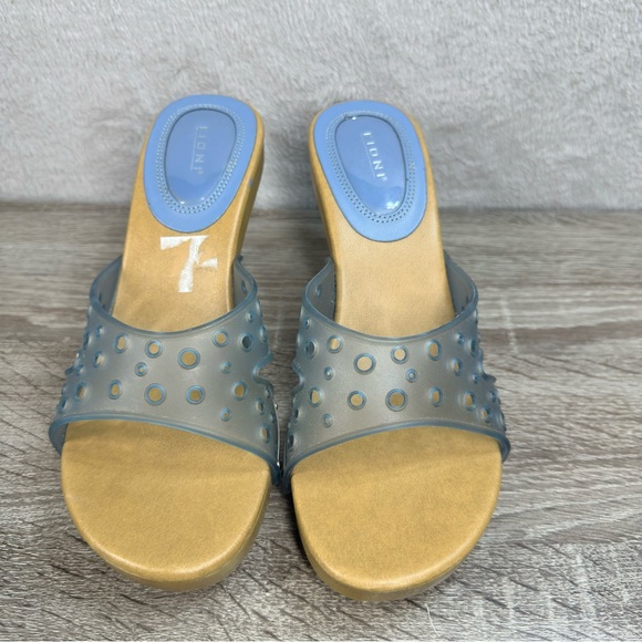 Fioni Baby Blue Vinyl High Heel Wood Sole Sandals Y2K 90s Women’s 6.5 - Picture 3 of 5